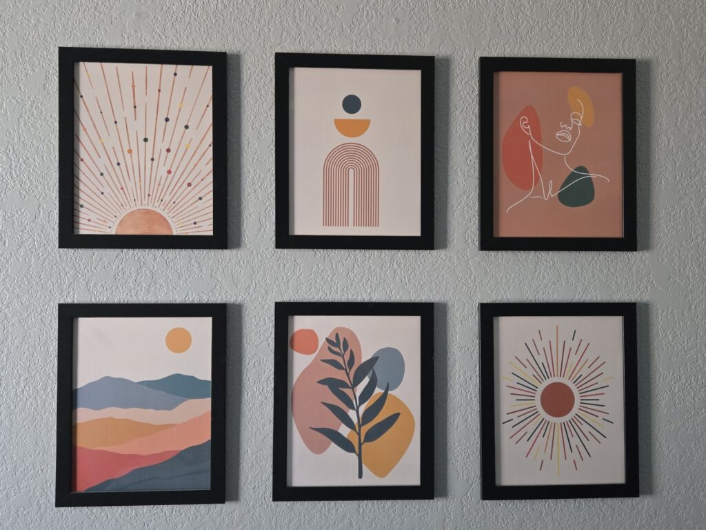 Boho art prints in black frames